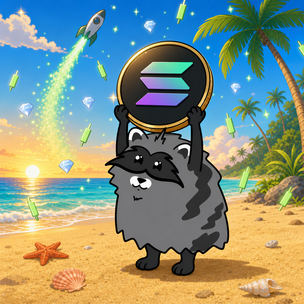 Jimothy holding a Solana coin as a rocket launches