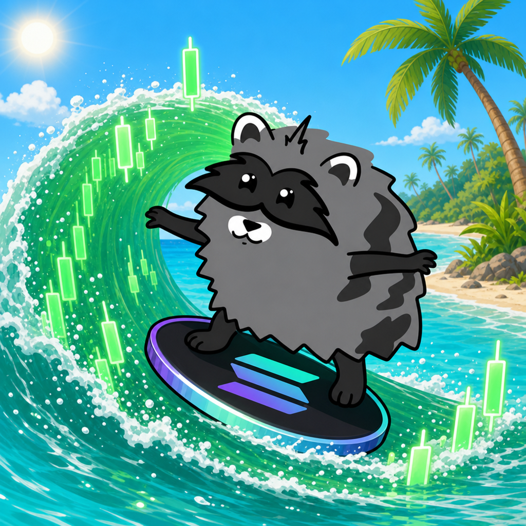 Jimothy surfing a green candle wave on a Solana board